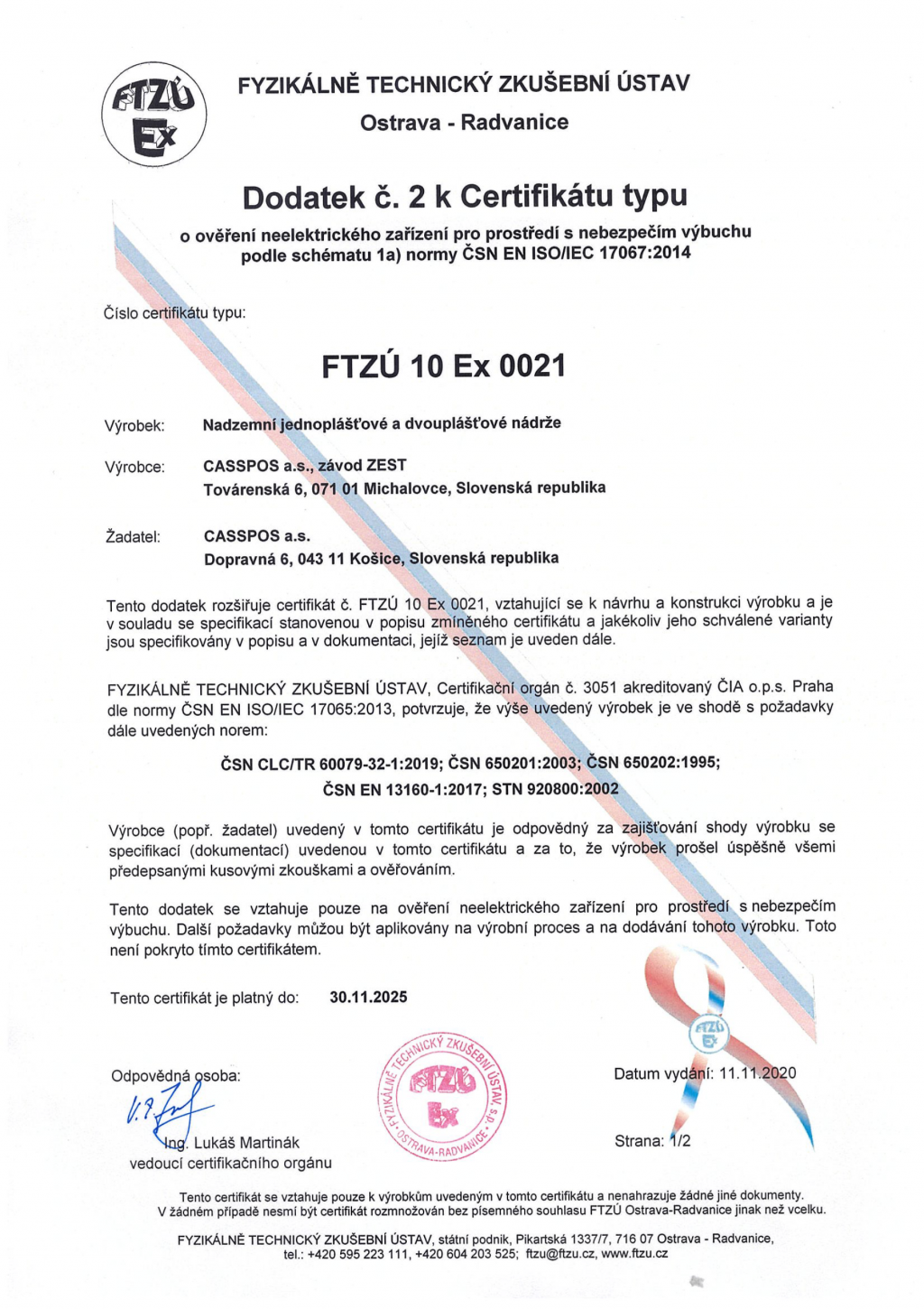 Certifikát FTZÚ 10 Ex 0021 dodatok č. 2 (2025)
