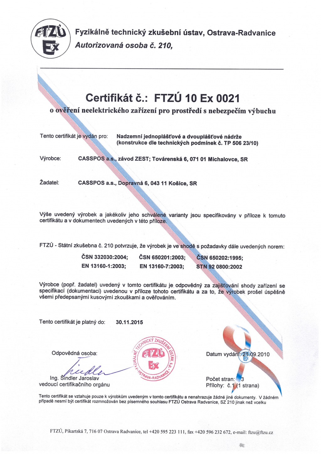Certifkát FTZÚ 10 Ex 0021 a prílohy (2025)