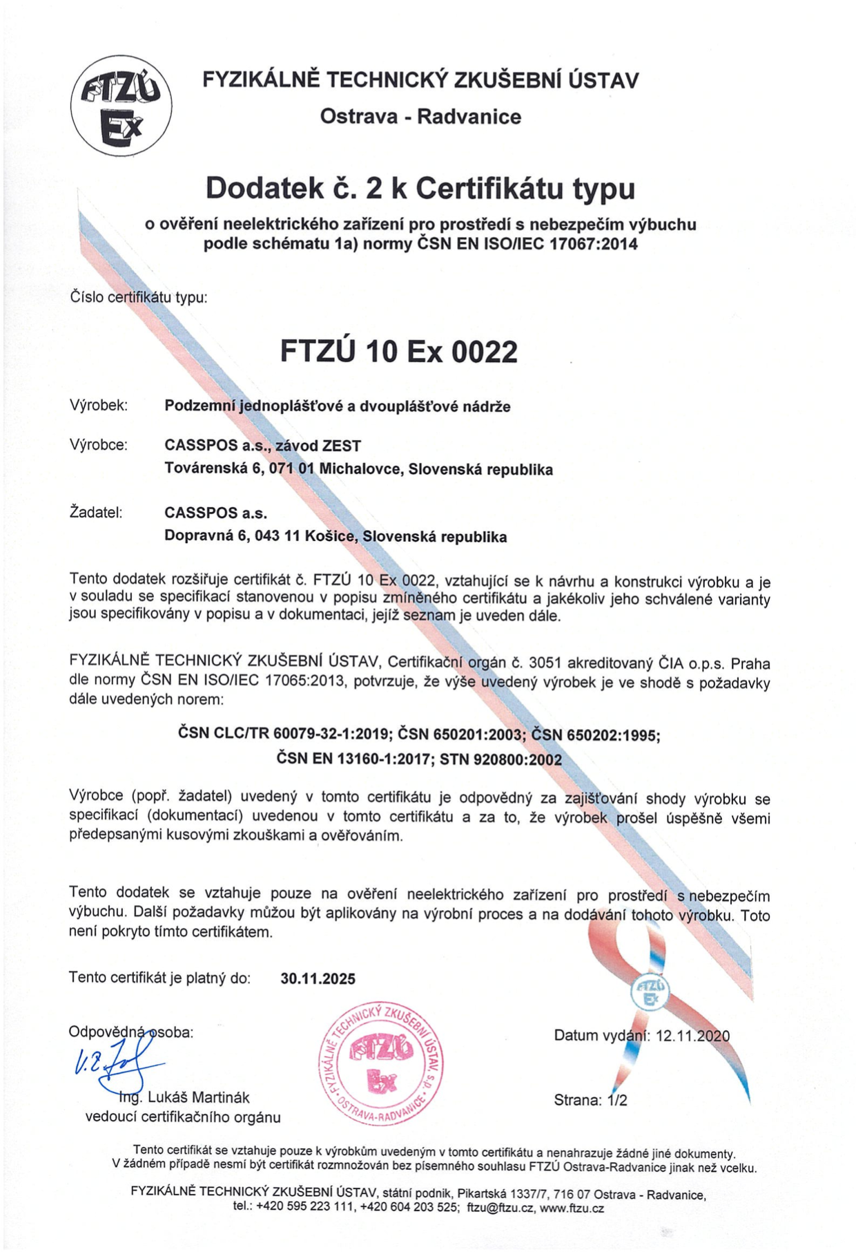 Certifikát FTZÚ 10 Ex 0022 dodatok 2