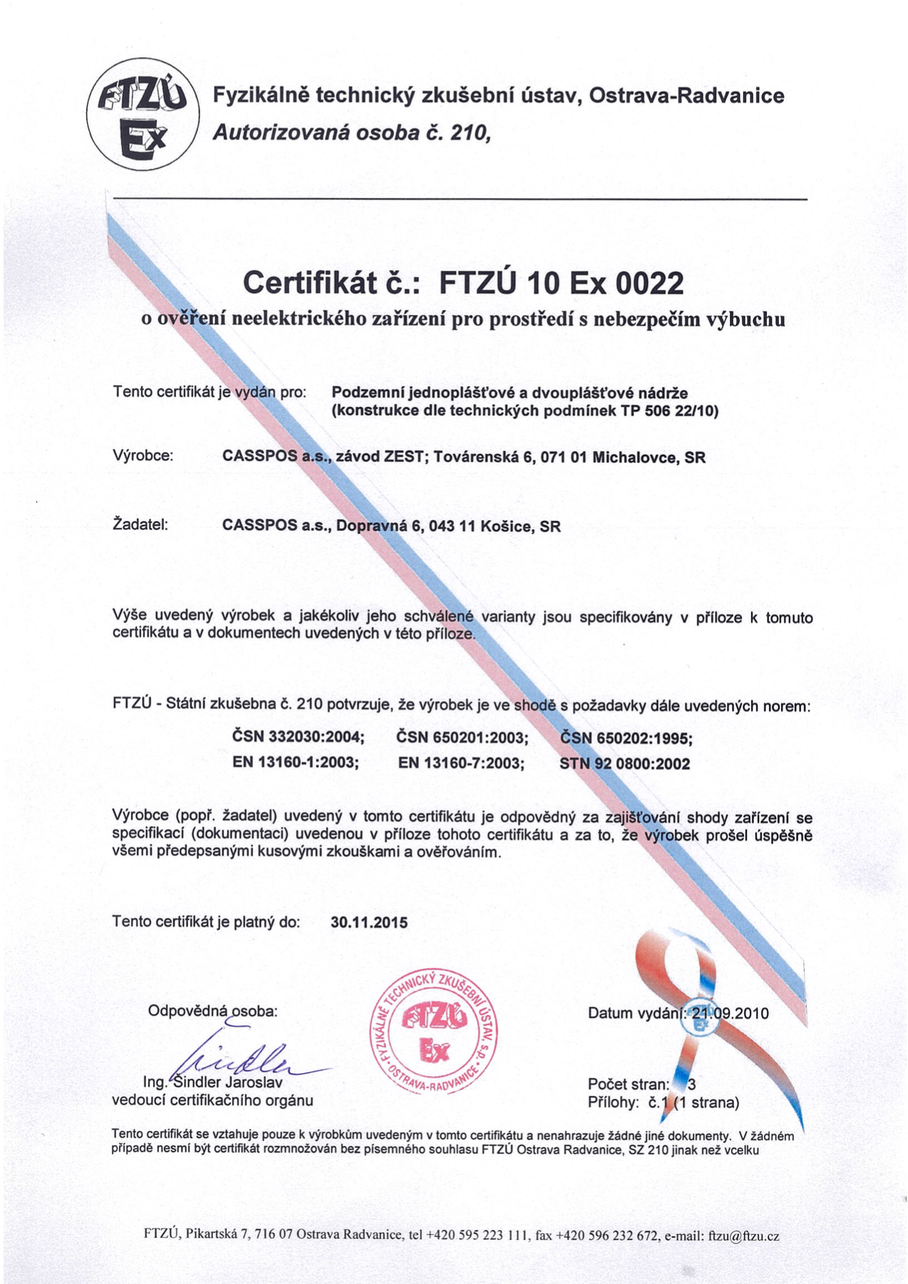 Certifikát FTZÚ 10 Ex 0022